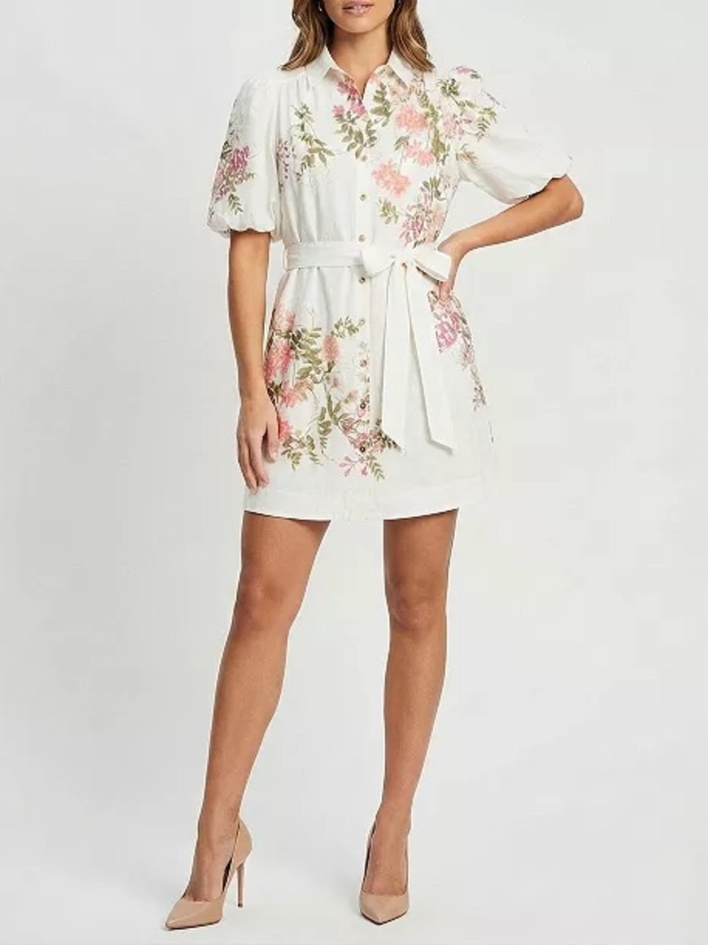 Taylor White Mini Dress with Pink Floral and Green Leaves